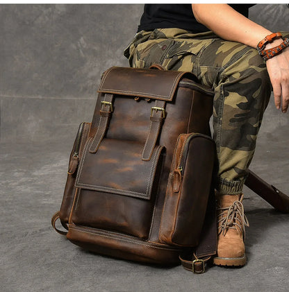 Large Brown Leather Backpack Men | Crazy Horse Laptop 15.6"