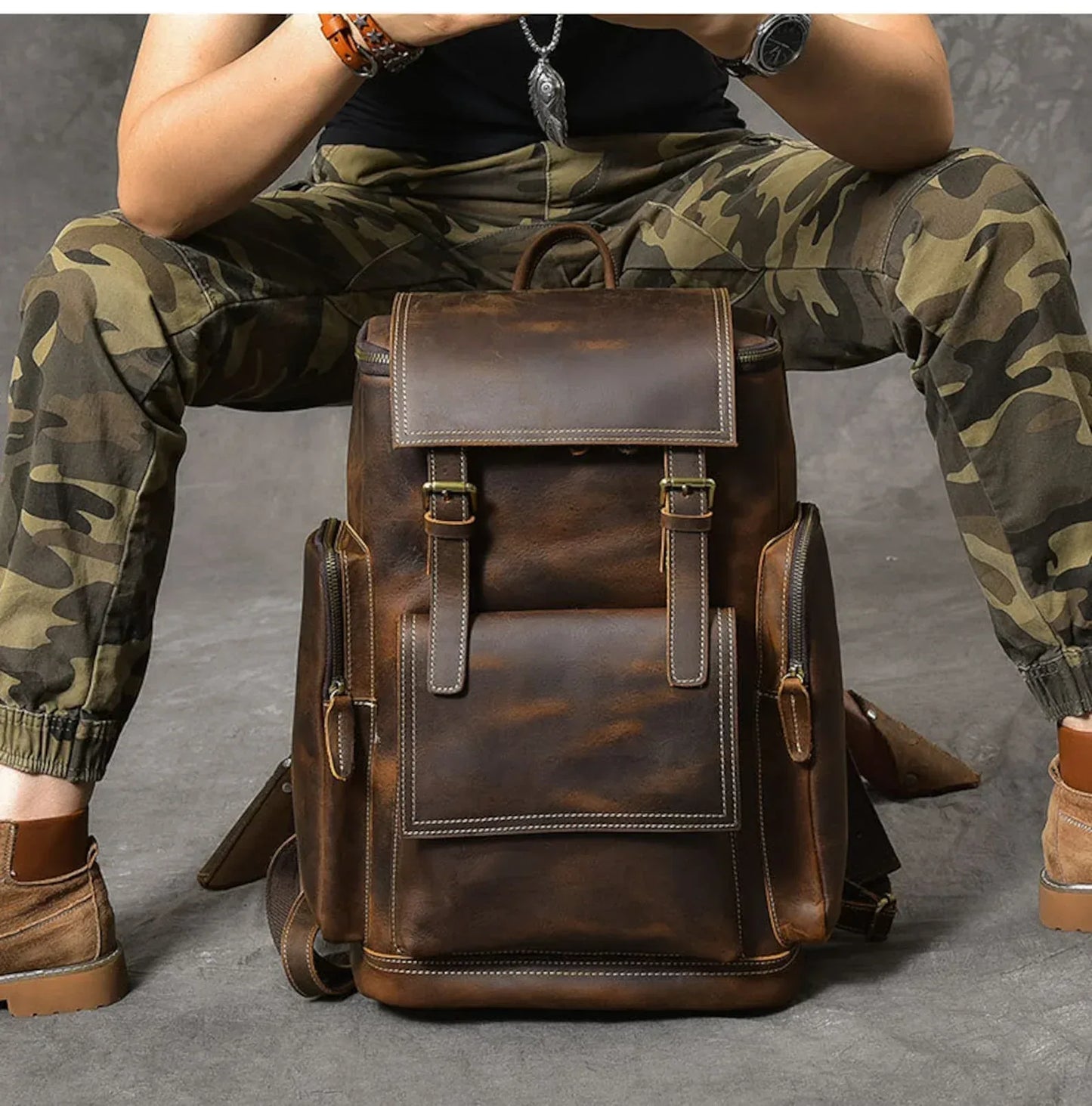 Large Brown Leather Backpack Men | Crazy Horse Laptop 15.6"