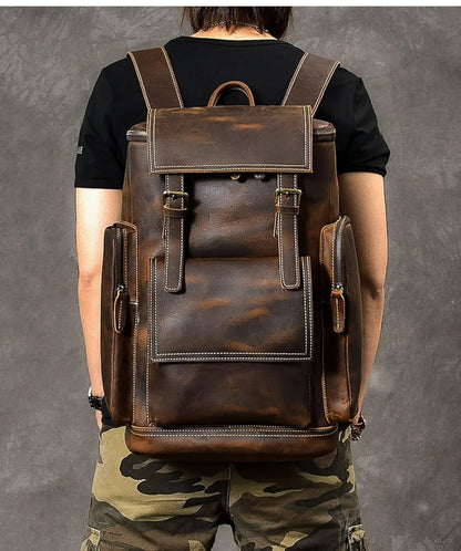 Large Brown Leather Backpack Men | Crazy Horse Laptop 15.6"
