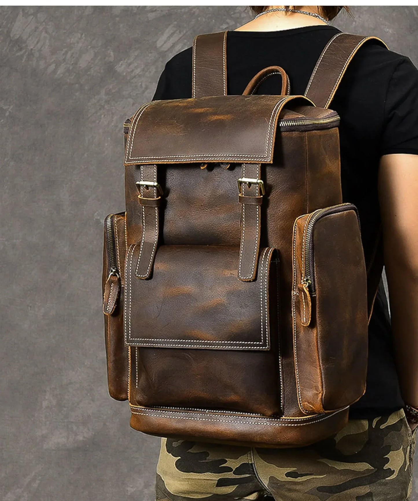 Large Brown Leather Backpack Men | Crazy Horse Laptop 15.6"