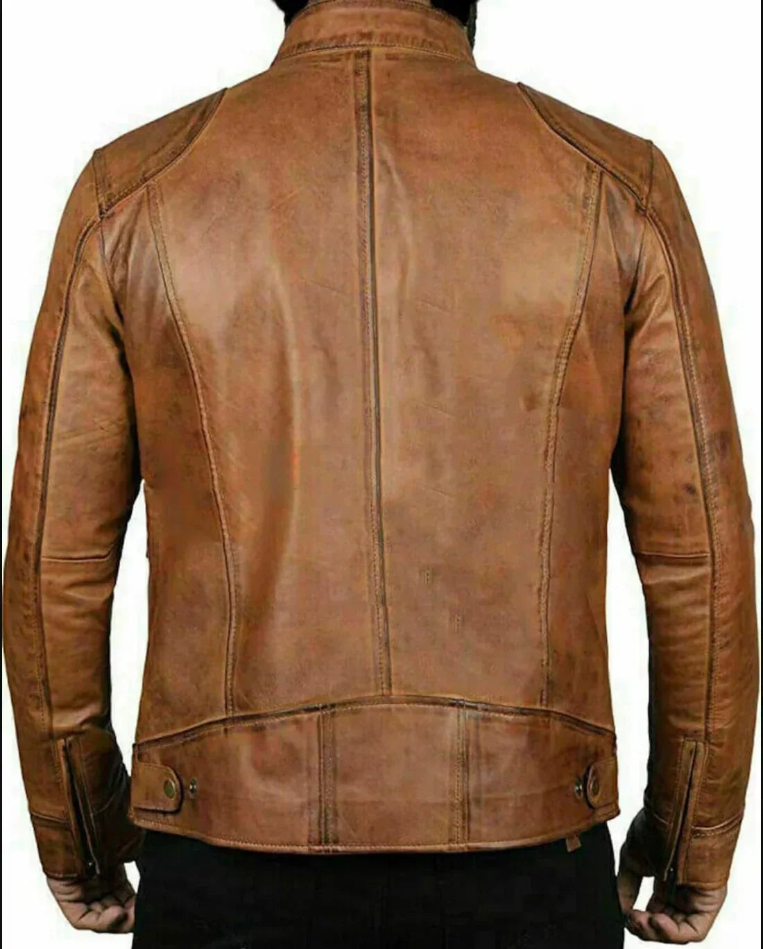 Mens Brown Leather Racer Jacket Slim Fit