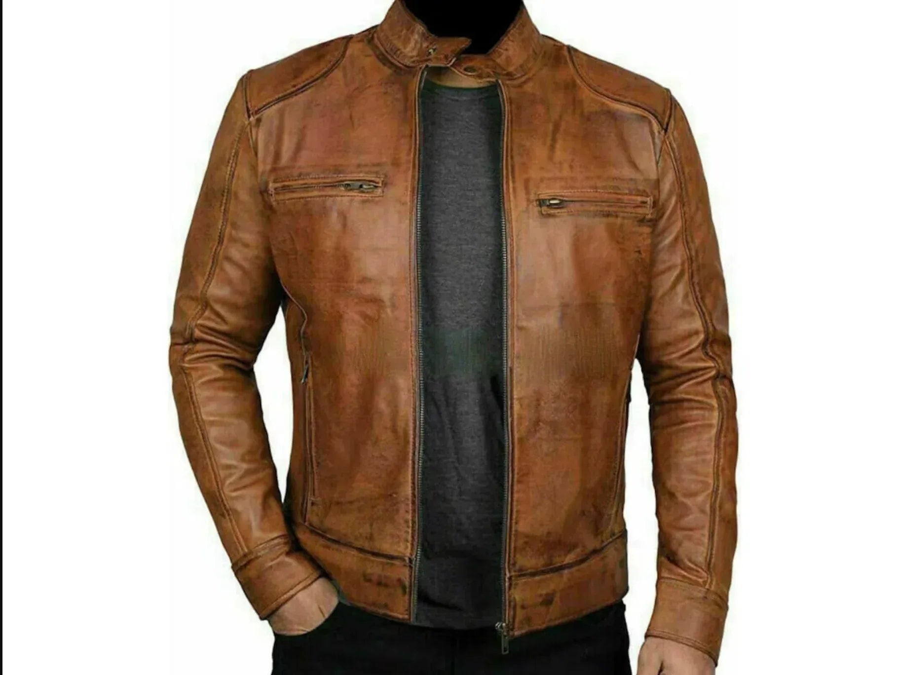 Mens Brown Leather Racer Jacket Slim Fit