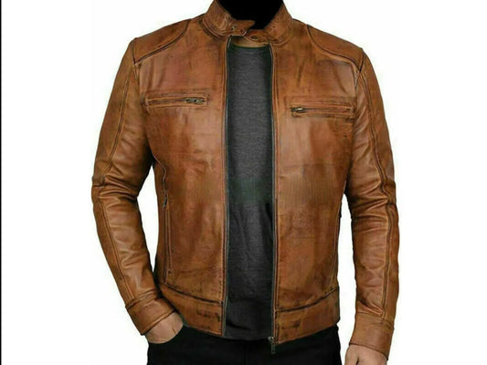 Mens Brown Leather Racer Jacket Slim Fit