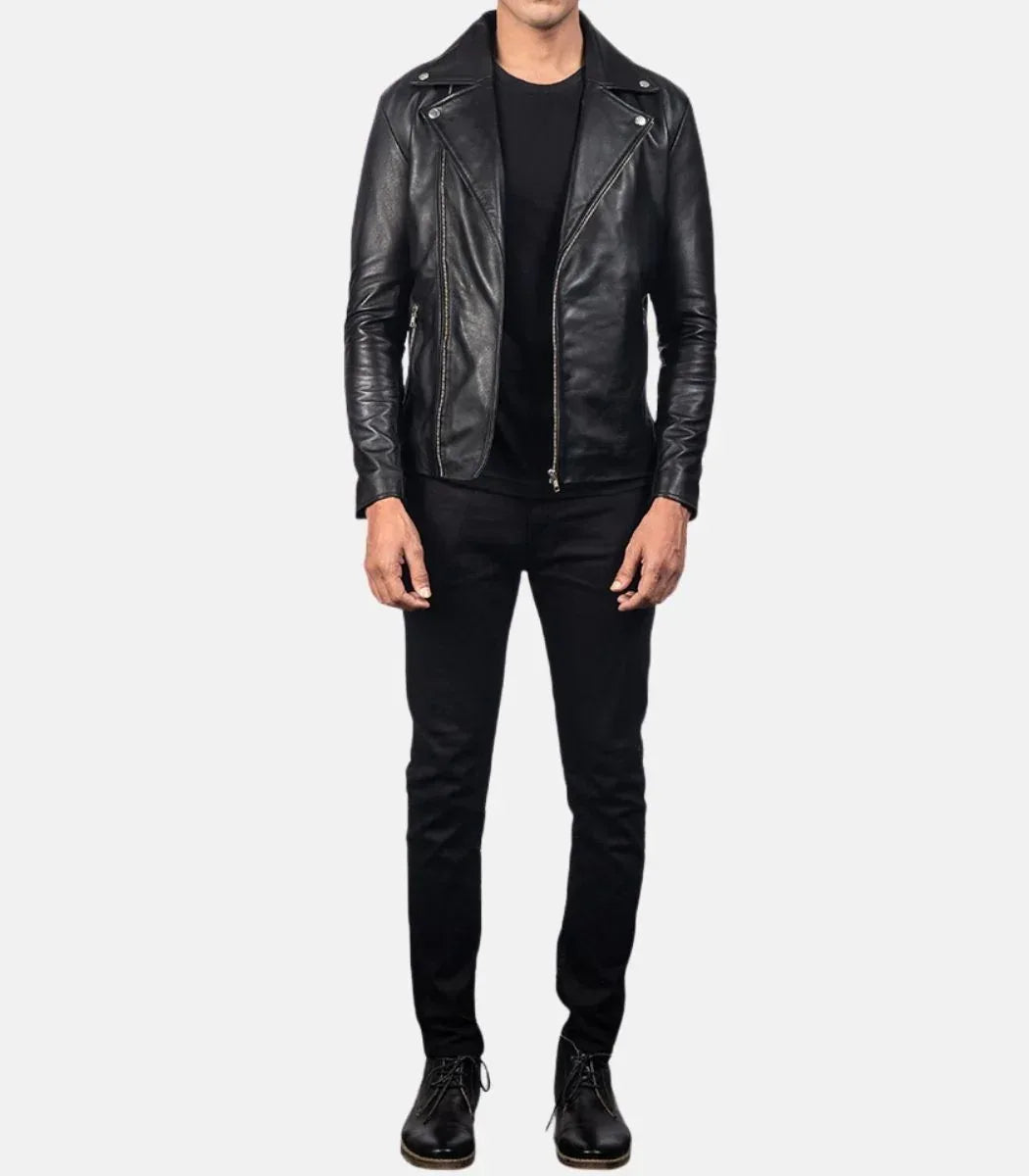Men’s black leather biker jacket genuine sheepskin