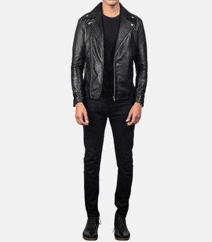 Men’s black leather biker jacket genuine sheepskin