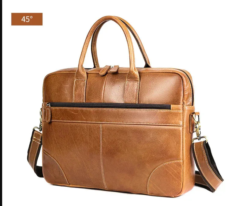 Leather Briefcase with Trolley Sleeve for Men Laptop Office Bag