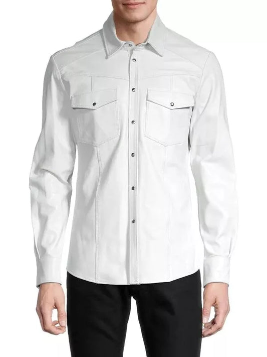 lightweight leather shirt mens snap button slim fit White S