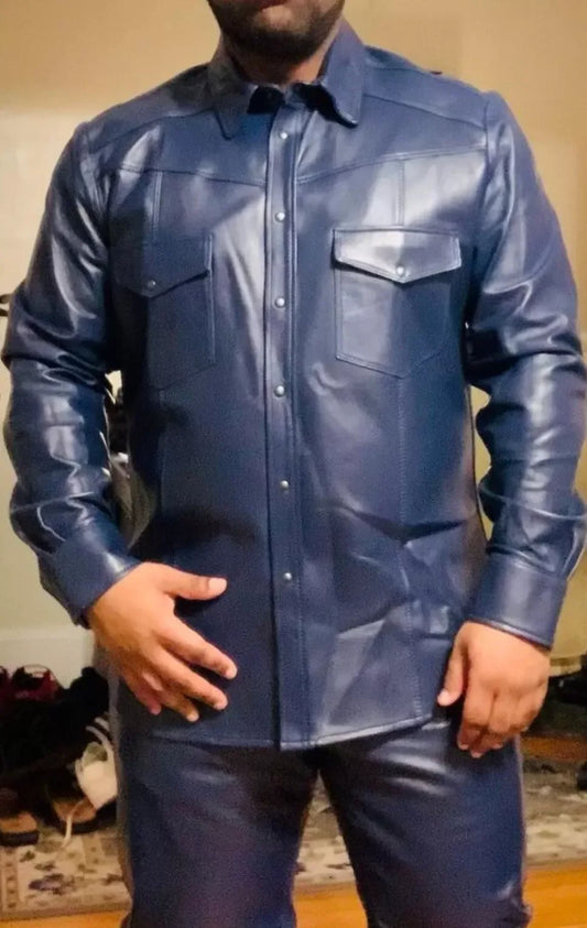 mens blue leather shirt long sleeve button up