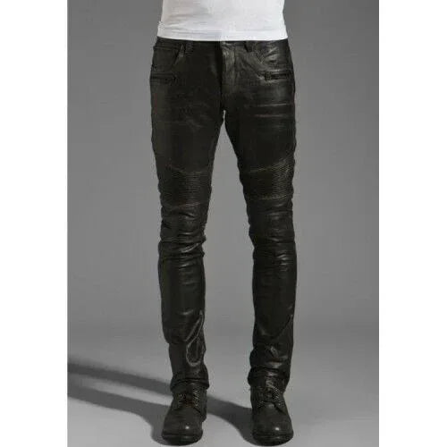 Men’s real leather skinny fit biker pants Motorcycle