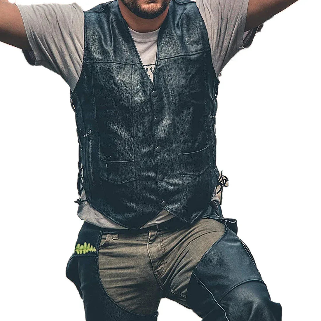 Black Leather Vest Men – Classic Button Biker Vest