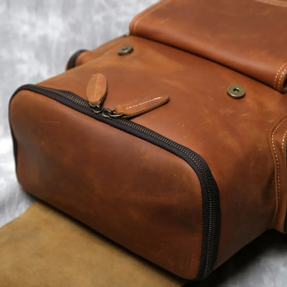 Vintage Brown Leather Laptop Backpack with Side Pockets
