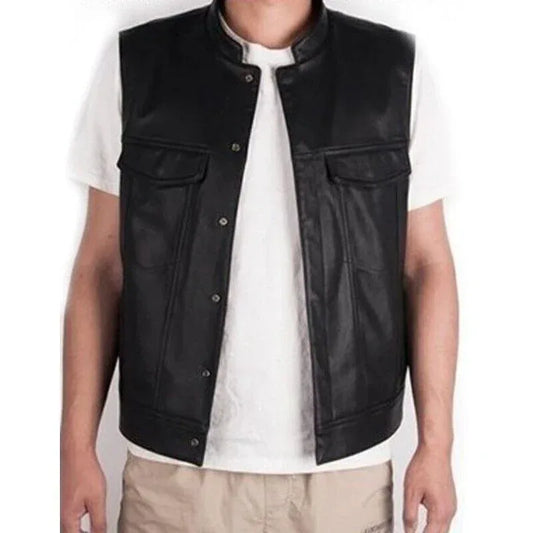 Mens Leather Biker Vest – Genuine Black Motorcycle Vest