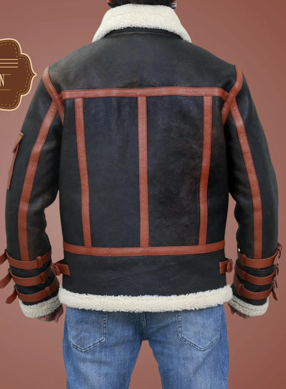 Mens Shearling Leather Jacket with Aviator Straps