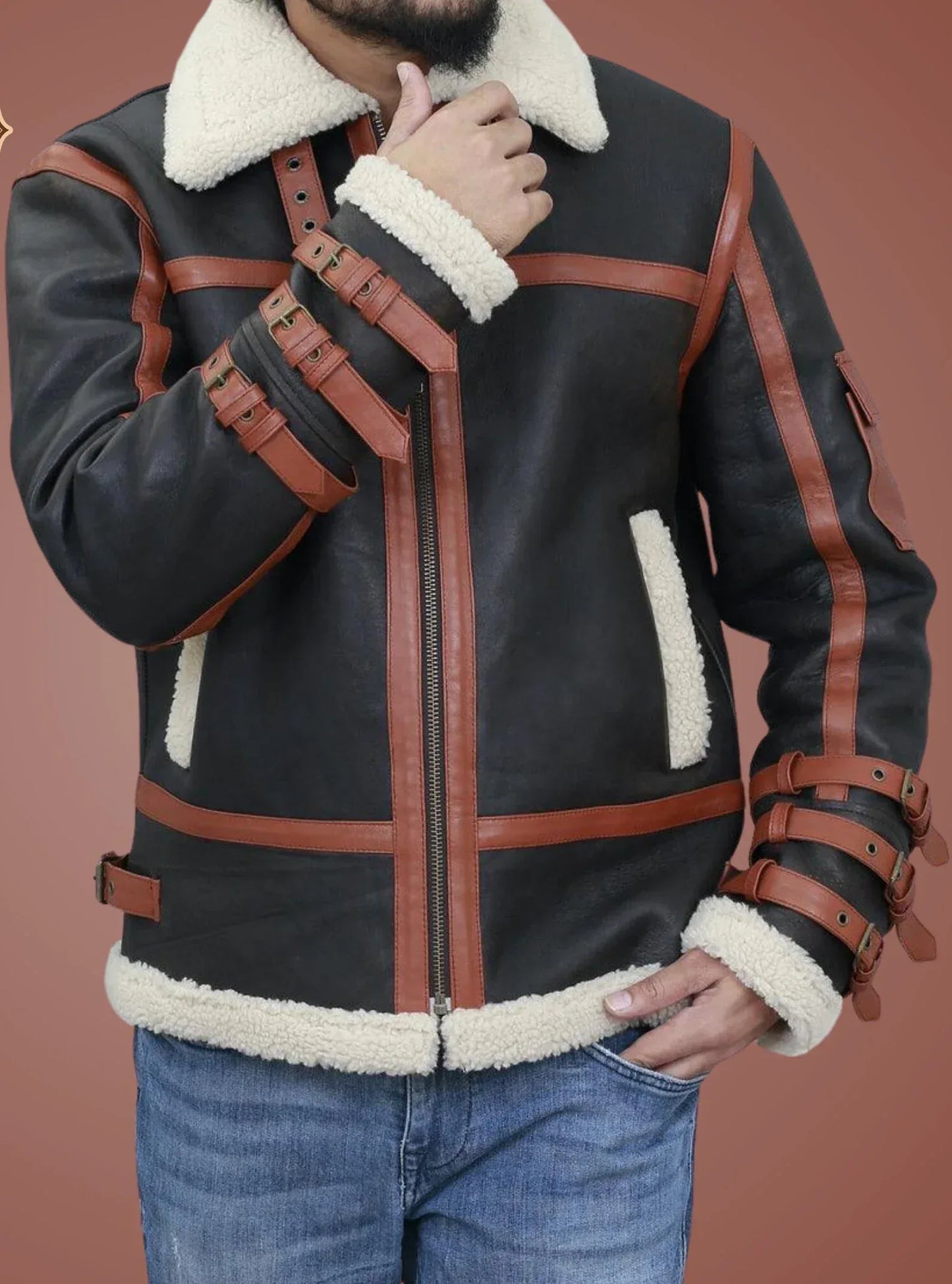 Mens Shearling Leather Jacket with Aviator Straps