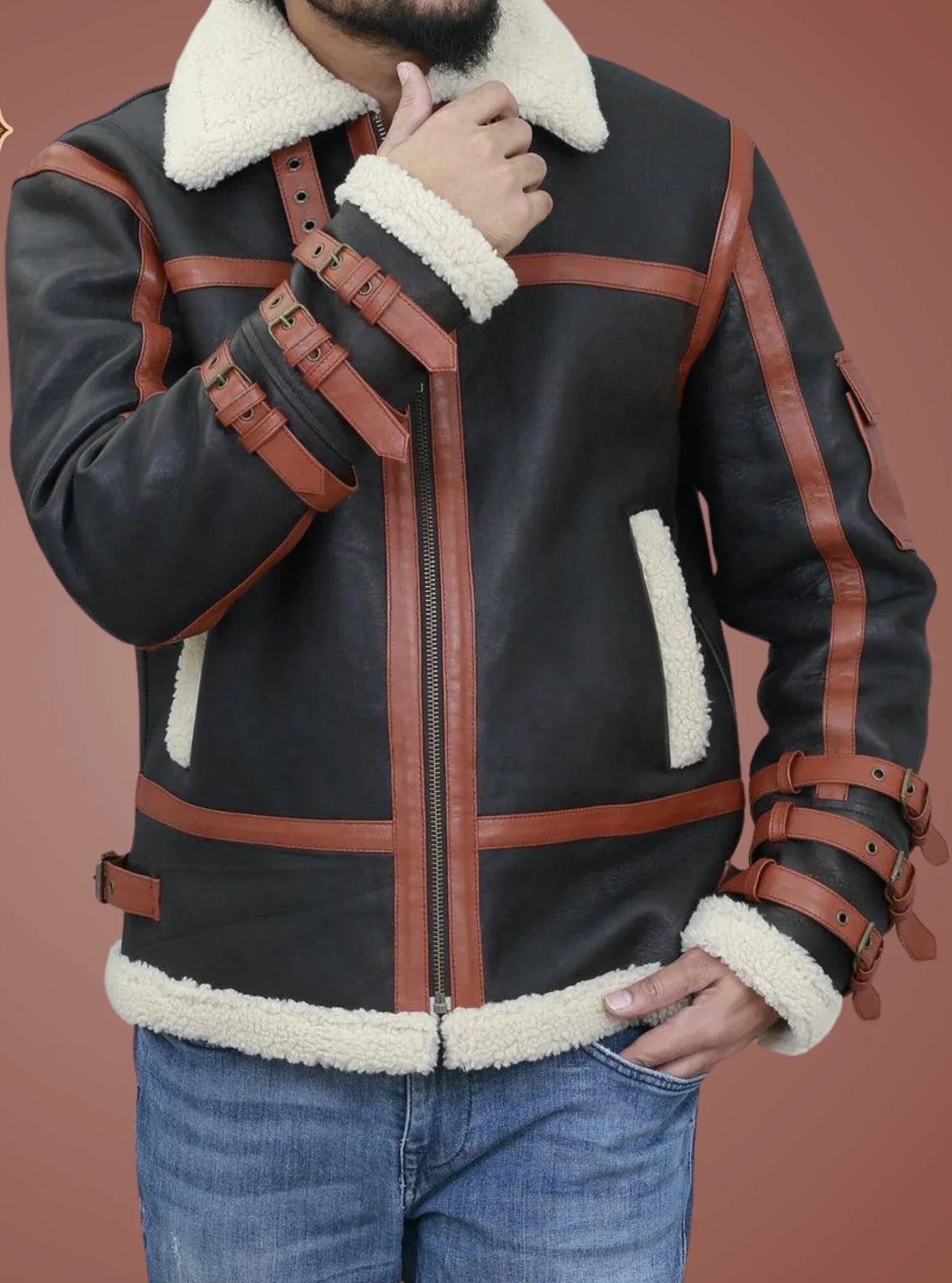 Mens Shearling Leather Jacket with Aviator Straps