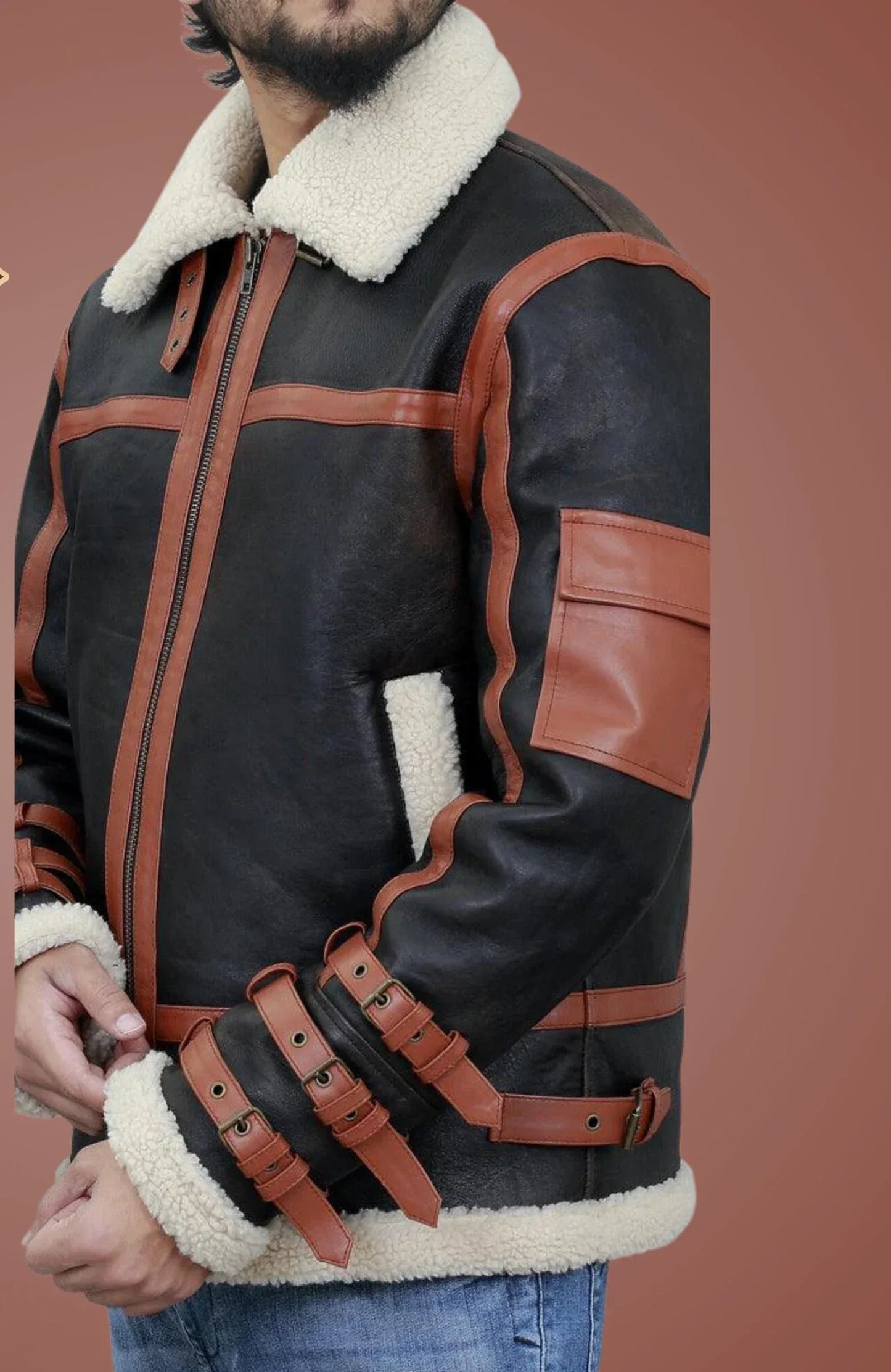 Mens Shearling Leather Jacket with Aviator Straps