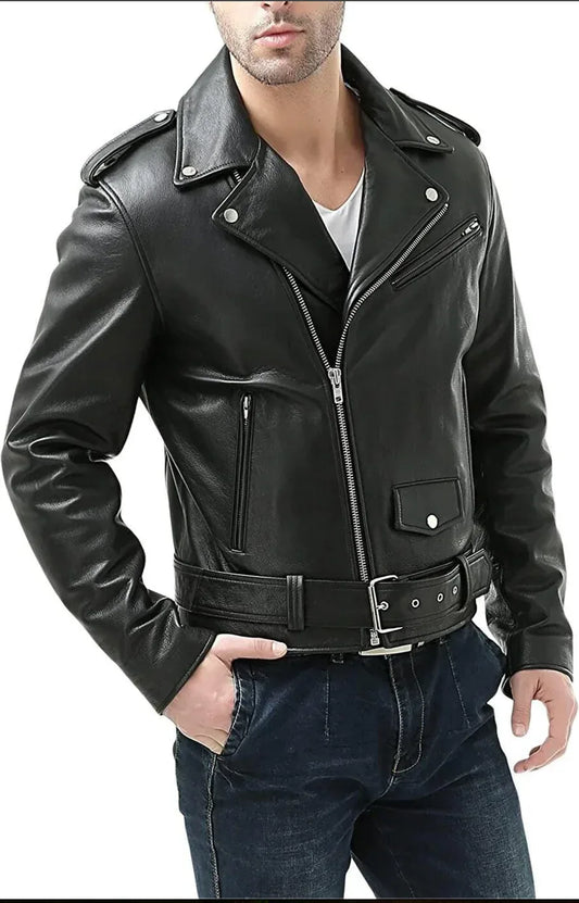 mens leather biker jacket belted waist black motorcycle style
