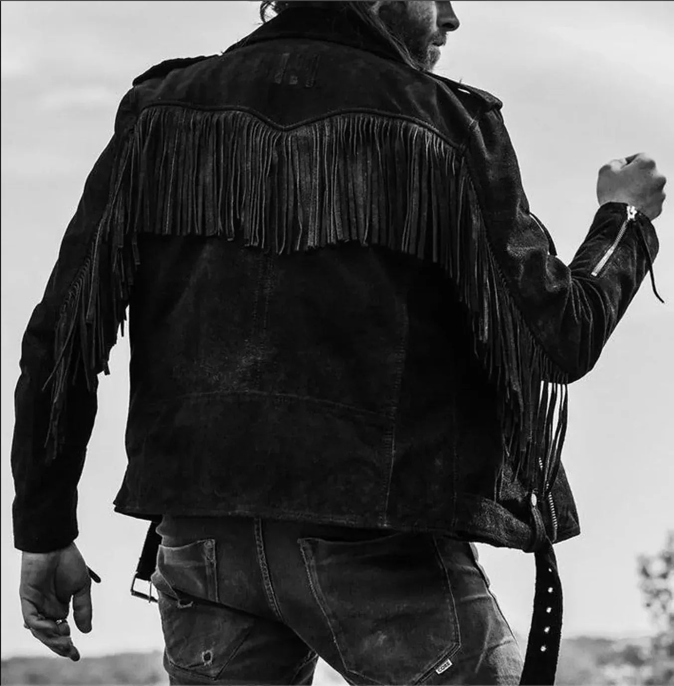 Black Suede Fringe Jacket Mens Western Biker Fringe Jacket
