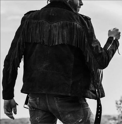 Black Suede Fringe Jacket Mens Western Biker Fringe Jacket