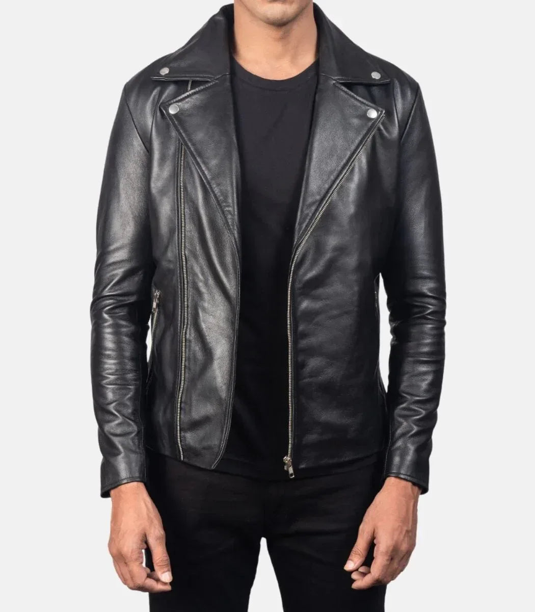 Men’s black leather biker jacket genuine sheepskin