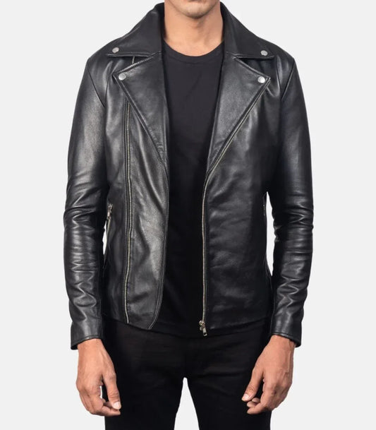 Men’s black leather biker jacket genuine sheepskin