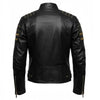 Men's Black Leather Biker Jacket with Metallic Gold Stripes