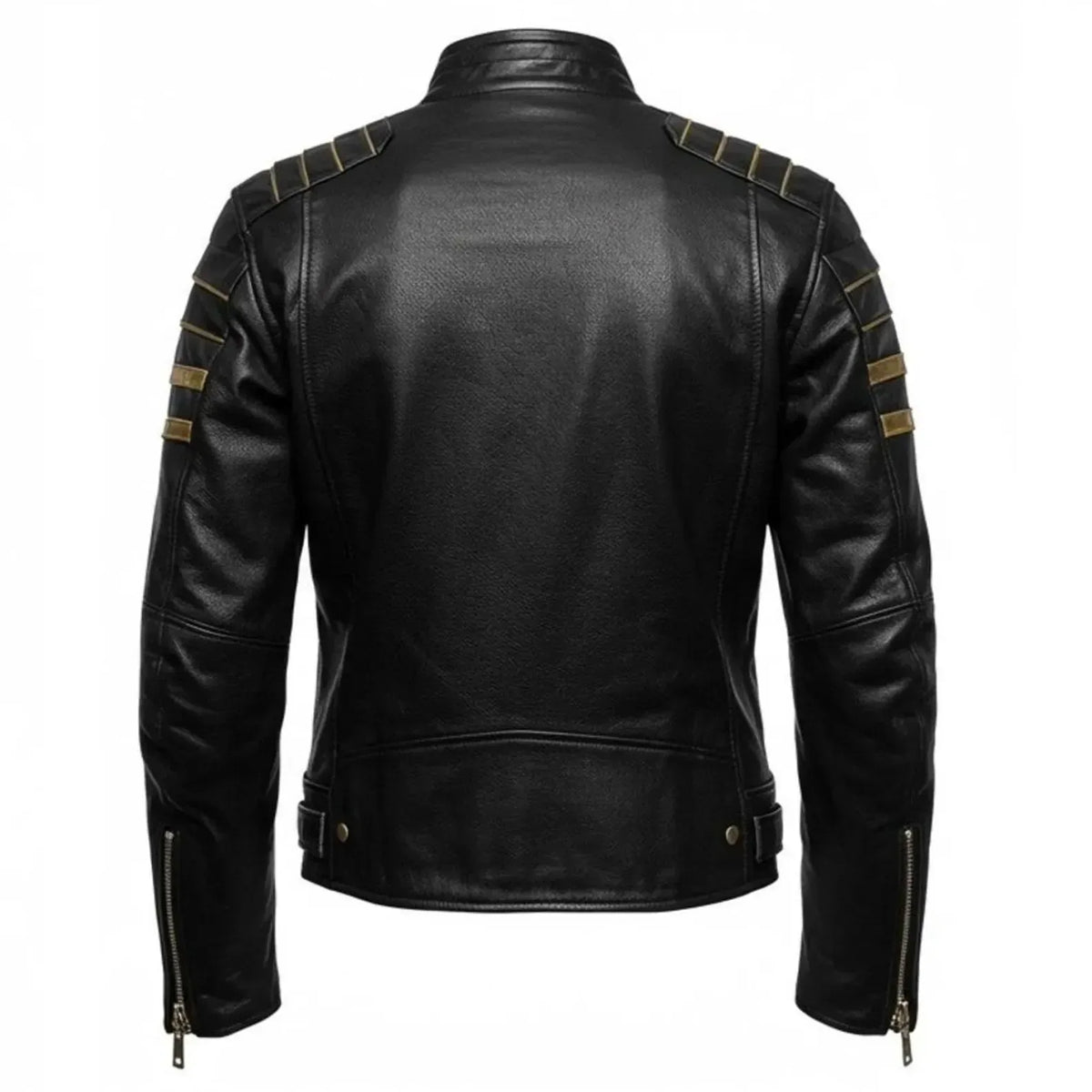 Men's Black Leather Biker Jacket with Metallic Gold Stripes