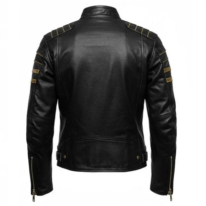 Men's Black Leather Biker Jacket with Metallic Gold Stripes