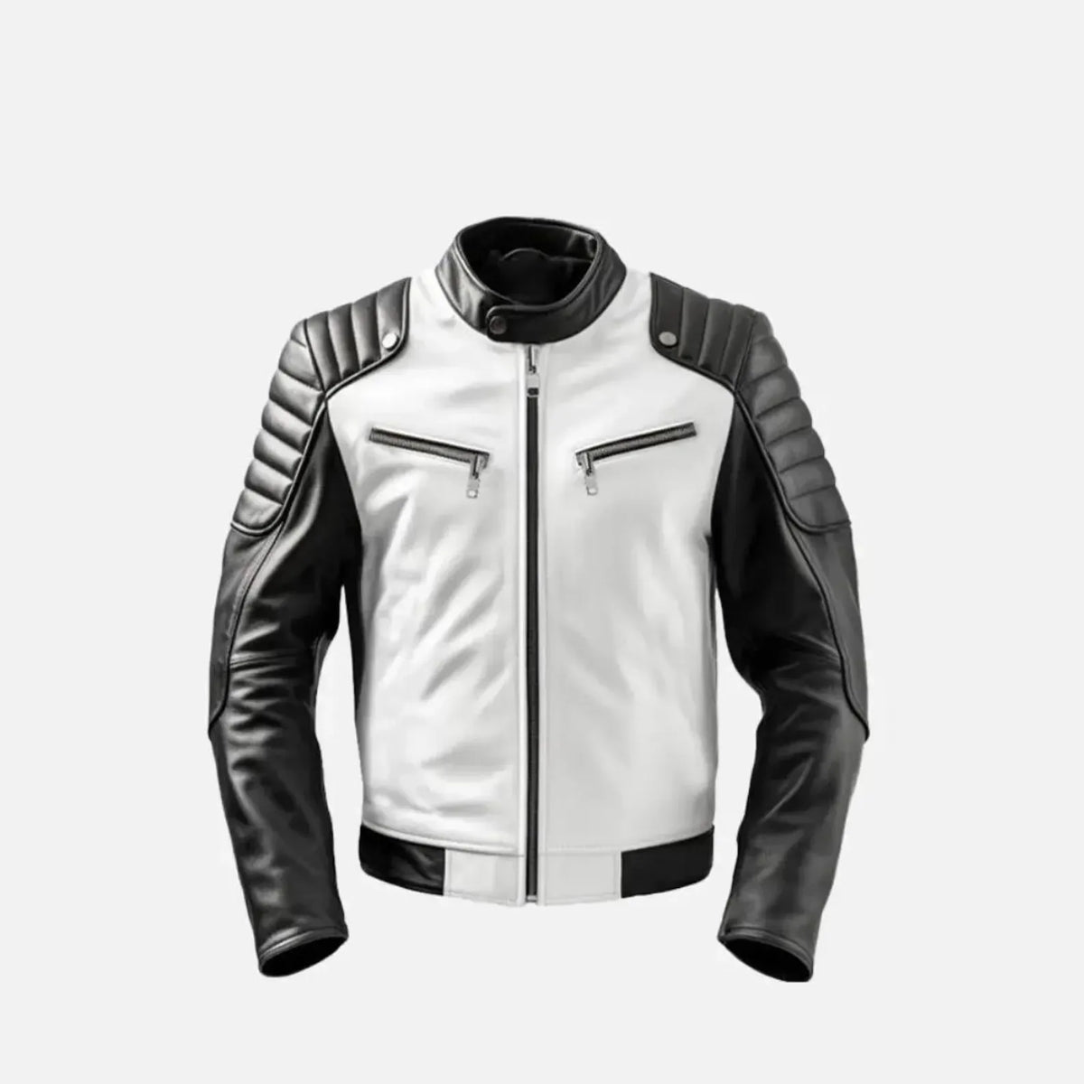 Men's Cafe Racer Leather Jacket with Black and White Design