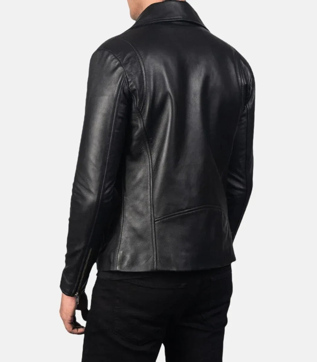 Men’s black leather biker jacket genuine sheepskin