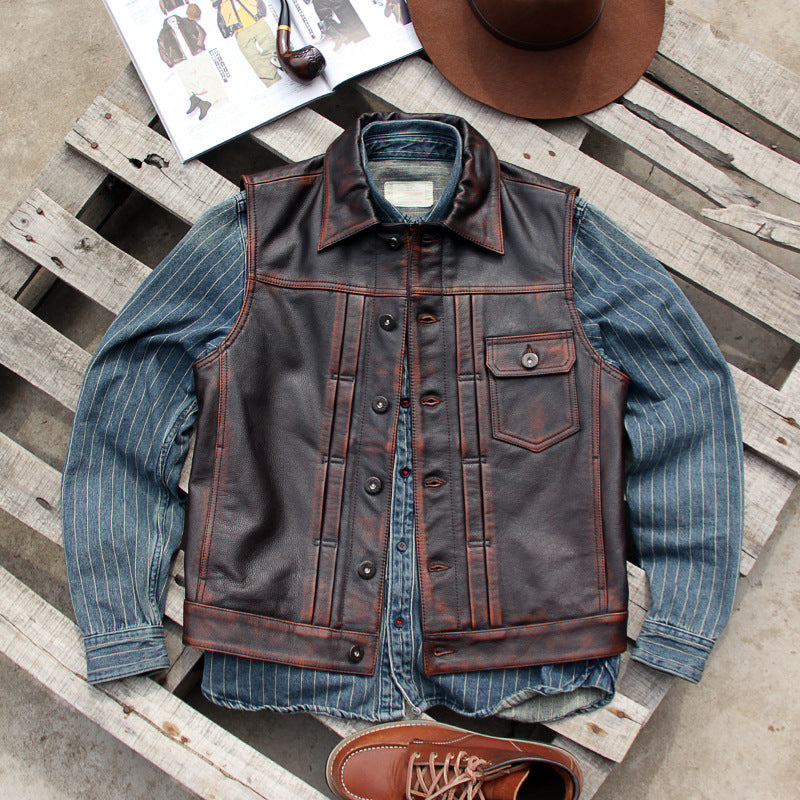 Black vegetable tanned lambskin riding leather vest