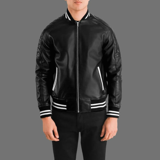 Black Leather Zip Up Jacket for Men with Varsity Ribbed Trim