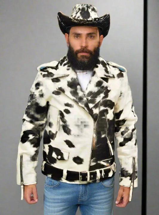 Men's Cowhide Jacket in Black White Hair-On Hide Biker Style