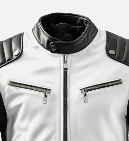 Men's Cafe Racer Leather Jacket with Black and White Design