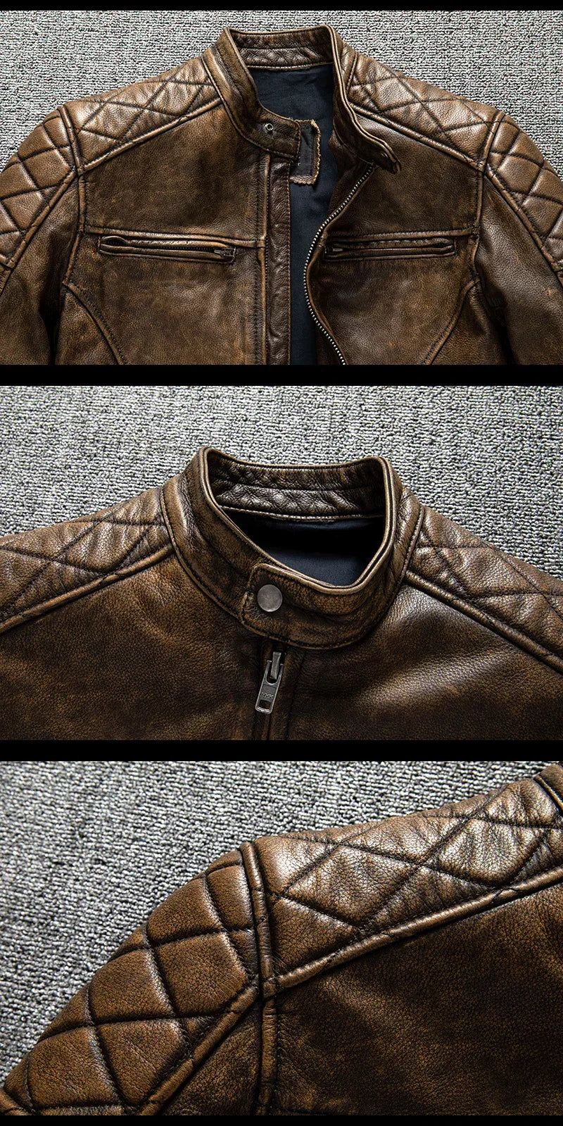 Men's Distressed Leather Biker Jacket in Vintage Brown Cowhide