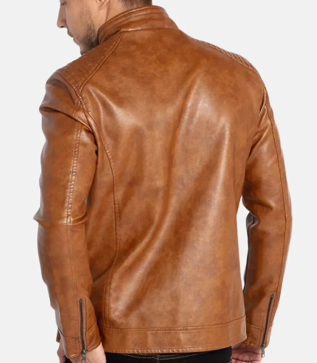 Mens Brown Leather Jacket Tan Coat Stand Collar