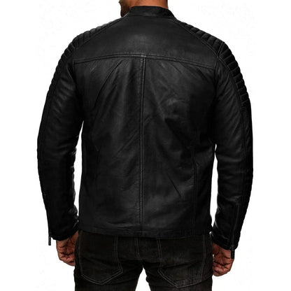 Mens Cafe Racer Leather Jacket Black Motorcycle Coat