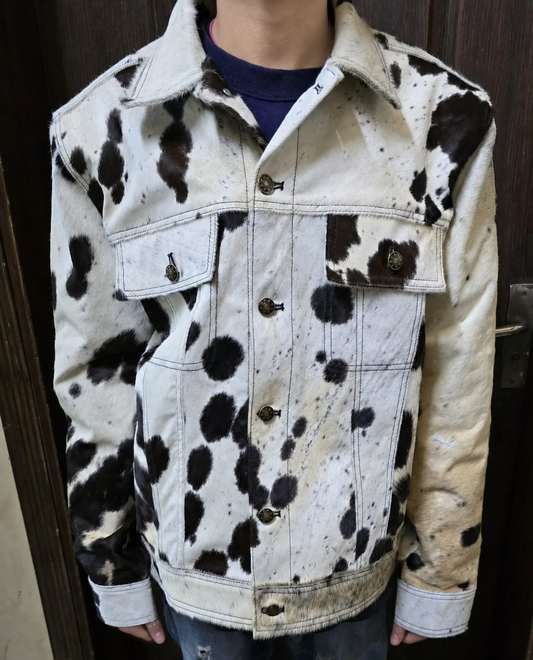 Men's Cow Print Jacket Black White Hair-On Cowhide Trucker