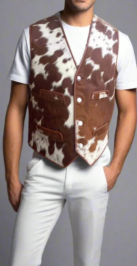 Mens Cow Skin Vest Brown White Cowhide Vest