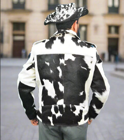 Men's Cowhide Jacket in Black White Hair-On Hide Biker Style
