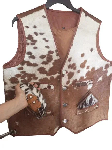 Men's Cowhide Vest Hair On Cow Skin Vest Set