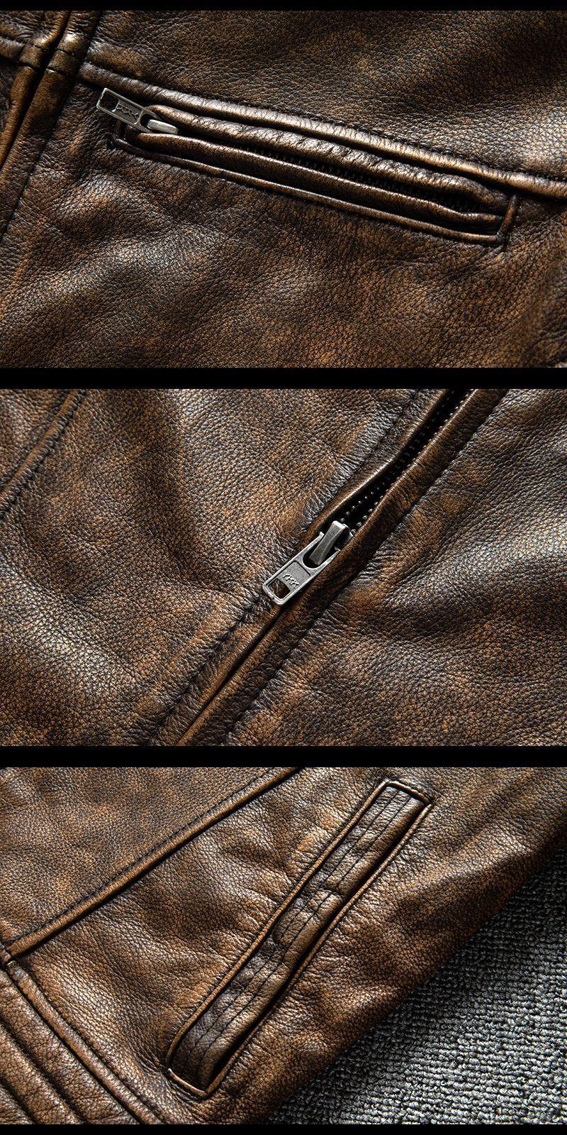 Men's Distressed Leather Biker Jacket in Vintage Brown Cowhide