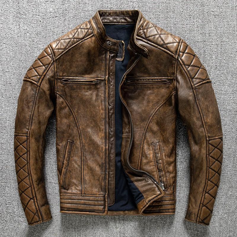 Men's Distressed Leather Biker Jacket in Vintage Brown Cowhide