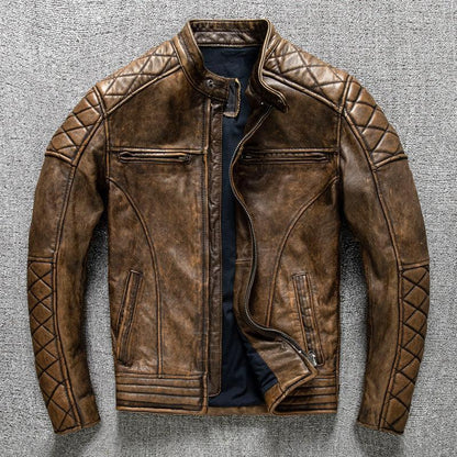 Men's Distressed Leather Biker Jacket in Vintage Brown Cowhide