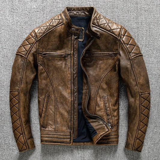 mens distressed leather biker jacket vintage brown cowhide