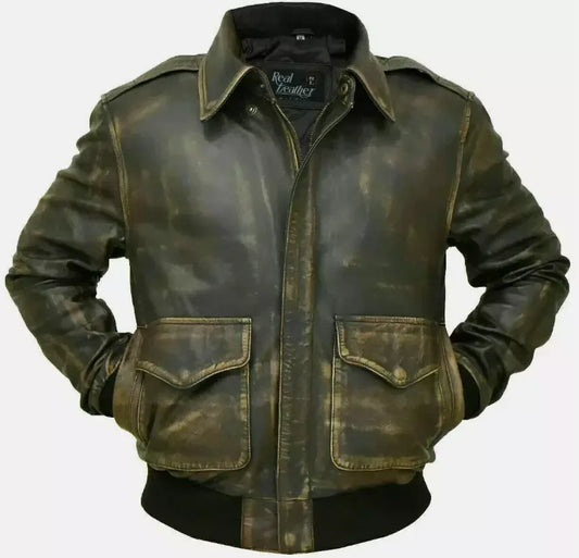 Leather Flight Jacket for Men with Distressed Vintage Bomber Design