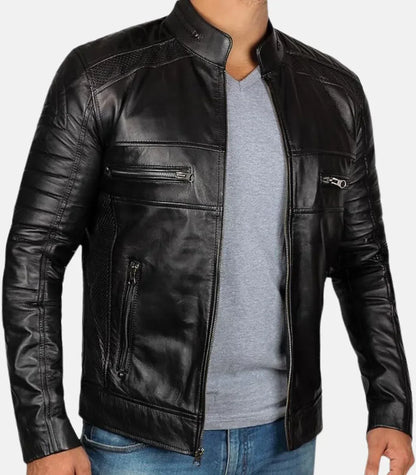 Mens Distressed Leather Jacket Black Vintage Style Zip Jacket
