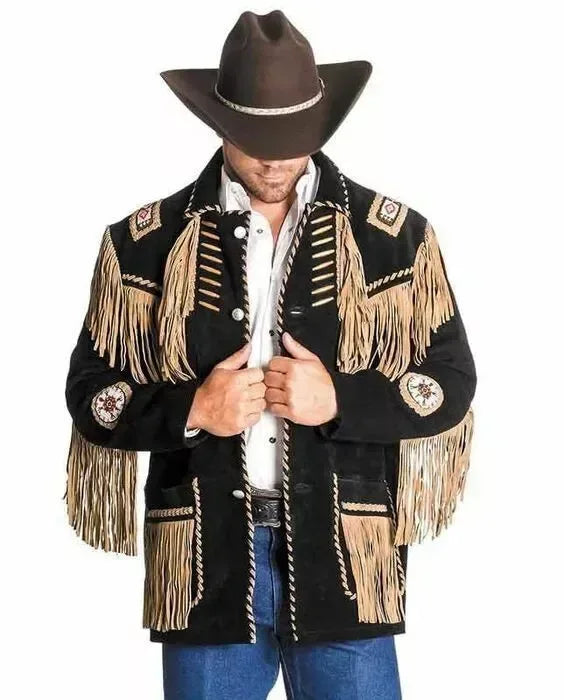Mens Fringe Suede Jacket Native American Western Style