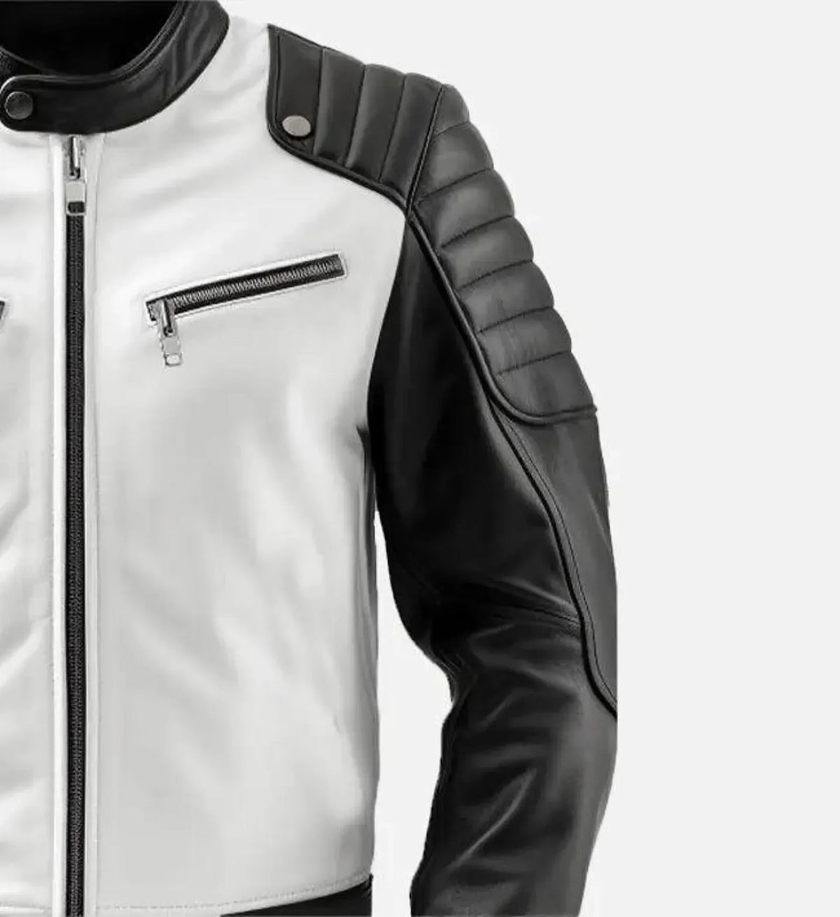 Men's Cafe Racer Leather Jacket with Black and White Design