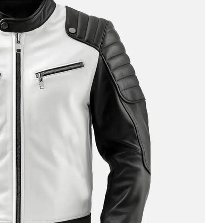 Men's Cafe Racer Leather Jacket with Black and White Design